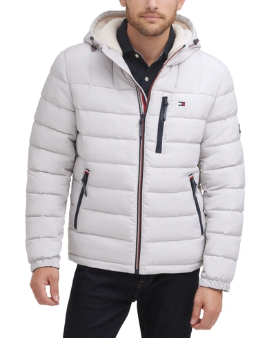 Tommy Hilfiger Men's Sherpa Lined Hooded Quilted Puffer Jacket In Ice