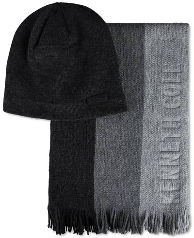 Kenneth Cole Reaction Men's Stripe Logo Scarf & Beanie In Charcoal