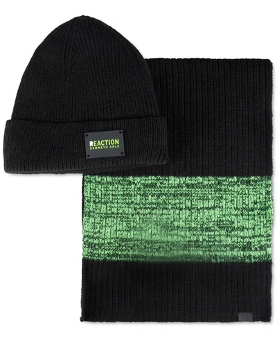 Kenneth Cole Reaction Men's Neon Beanie And Scarf Set In Black/green