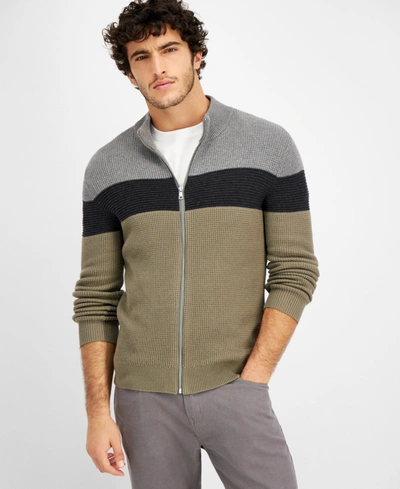 Inc International Concepts Men's Cotton Colorblocked Full-zip Sweater, Created For Macy's In Green Tea Leaf