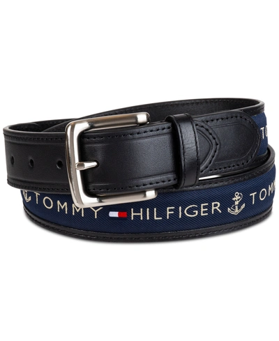 Tommy Hilfiger Men's Signature Ribbon Inlay Harness Buckle Belt In Black