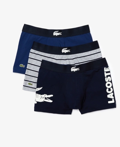 Lacoste Men's 3-pack Regular-fit Big Croc Logo Trunk Underwear In Navy Assorted