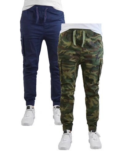 Galaxy By Harvic Men's Cotton Stretch Twill Cargo Joggers, Pack Of 2 In Navy,camouflage