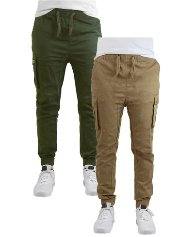 Galaxy By Harvic Men's Cotton Stretch Twill Cargo Joggers, Pack Of 2 In Olive,brown