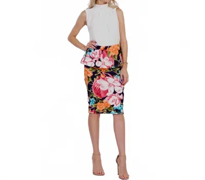 42pops Botanical Bliss Peplum Midi Skirt In Navy Multi