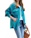 42pops Fleece Button Front Pockets Shacket Jacket In Teal