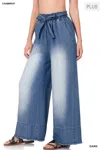 42pops Paperbag Waist Belted Wide Leg Pants - Plus In Dark Chambray In Multi