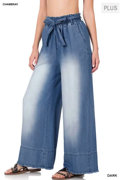 42pops Paperbag Waist Belted Wide Leg Pants - Plus In Dark Chambray In Multi
