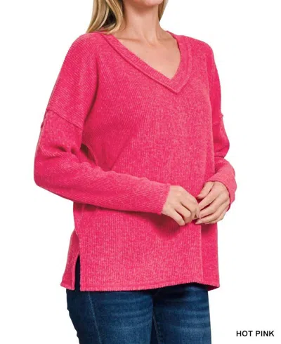 42pops Ribbed V Neck Drop Shoulder Sweater In Hot Pink