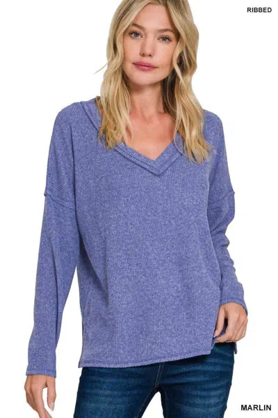 42pops Ribbed V Neck Drop Shoulder Sweater In Marlin Blue In Multi