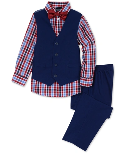 Nautica Little Boys 4-pc. Machine Washable Check-print Shirt, Vest, Pants & Bowtie Set In Blue