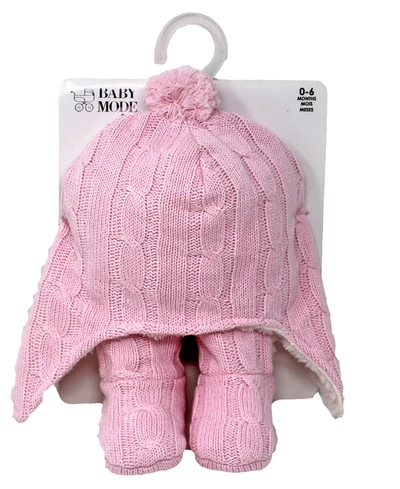 Baby Mode Signature Cable Knit Fleece Lined Baby Hat And Boots In Pink