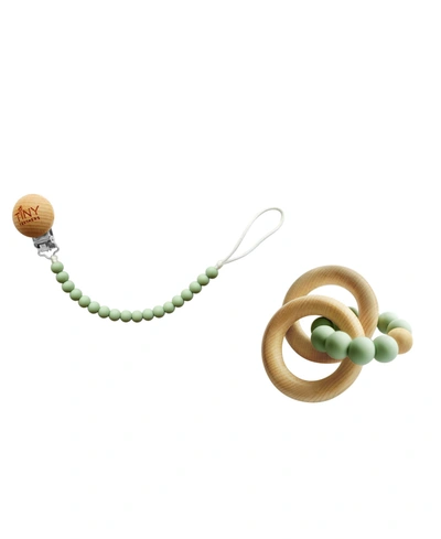 Tiny Teethers Designs 3 Stories Trading Tiny Teethers Infant Silicone And Beech Rattle And Pacifier Clip Set In Sage