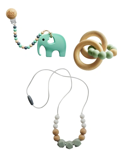 Tiny Teethers Designs 3 Stories Trading Tiny Teethers Infant 3 Piece Silicone And Beech Wood Teething Gift Set, Elephant In Sage