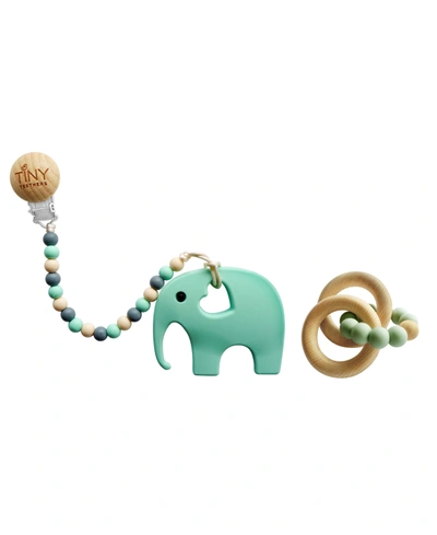 Tiny Teethers Designs 3 Stories Trading Tiny Teethers Infant Silicone And Beech Rattle And Teether Gift Set, Elephant In Sage
