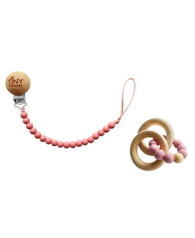 Tiny Teethers Designs 3 Stories Trading Tiny Teethers Infant Silicone And Beech Rattle And Pacifier Clip Set In Pink