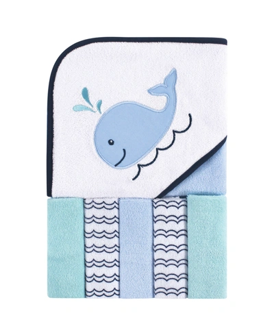 Luvable Friends Hooded Towel With Washcloths, 6-piece Set, One Size In Boy Whale