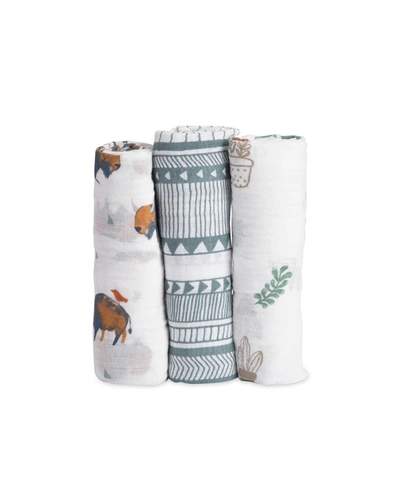 Little Unicorn Bison Cotton Muslin 3-pack Swaddle Blanket Set In Bison/santa Fe And Prickle Pots Prints