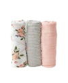 Little Unicorn Watercolor Roses Cotton Muslin 3-pack Swaddle Blanket Set In Watercolor Roses/grey Stripe And Rose P