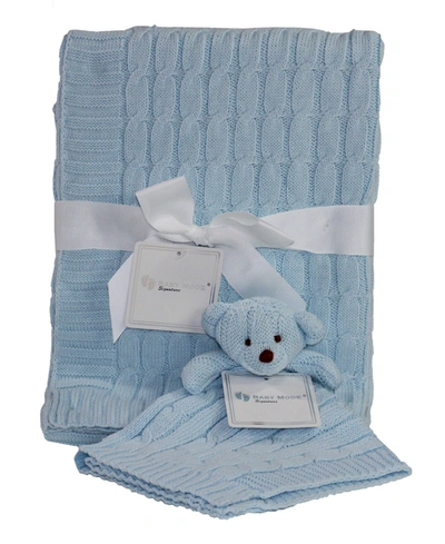 Baby Mode Signature 3 Stories Trading  Cable Knit Baby Blanket Gift Set In Blue