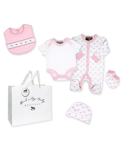 Rock-a-bye Baby Boutique Baby Boys And Girls 5 Piece Velour Animals Layette Gift Set In Pink And Brown