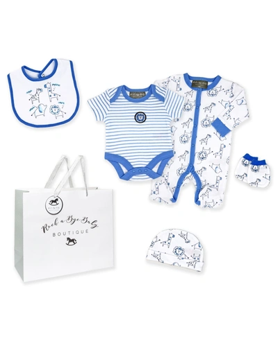 Rock-a-bye Baby Boutique Baby Boys 5 Piece Safari Animal Layette Gift Set In Royal Blue