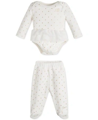 Guess Baby Girls Ruffled Bodysuit & Footed Pants Set In Small Dots Sand Cream Combo