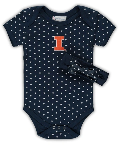 Two Feet Ahead Infant Boys And Girls Navy Illinois Fighting Illini Hearts Bodysuit And Headband Set, 2 Pack