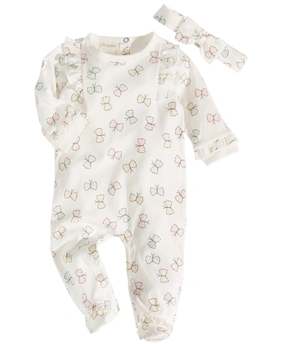 First Impressions Kids' Baby Girls Butterfly Footed Coverall And Headband, 2 Piece Set, Created For Macy's In Angel White