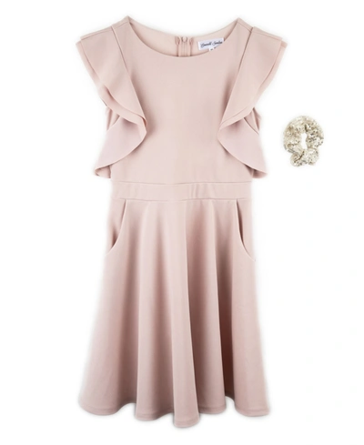 Emerald Sundae Big Girls 2 Piece Flutter Sleeve Dress With Pockets And Sequin Srunchie Set In Pink