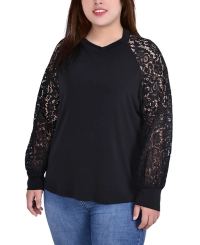 Ny Collection Plus Size Knit Crepe Top With Long Lace Balloon Sleeves In Black