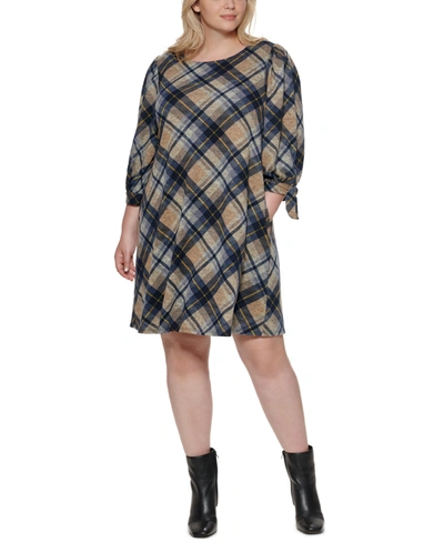 Jessica Howard Plus Size Plaid A-line Dress In Navy/taupe