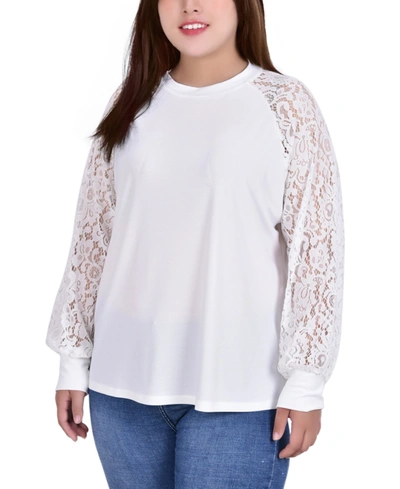 Ny Collection Plus Size Knit Crepe Top With Long Lace Balloon Sleeves In Ivory