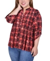 Ny Collection Plus Size 3/4 Roll Tab Sleeve Y-neck Top In Berry
