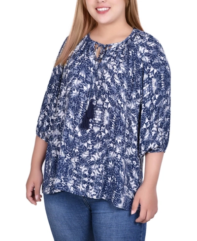 Ny Collection Plus Size 3/4 Sleeve Peasant Top With Tie Neckline In Navy Skyterrace