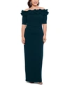 Xscape Long Crepe Off The Shoulder Ruffle Short Sleeve Dress In Pine