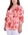 Ny Collection Petite Knit Jacquard 3/4 Sleeve Roll Tab Pintuck Top In Poppy Red Tie Dye