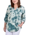 Ny Collection Plus Size Knit 3/4 Sleeve Roll Tab Top In Seafoam Tie Dye