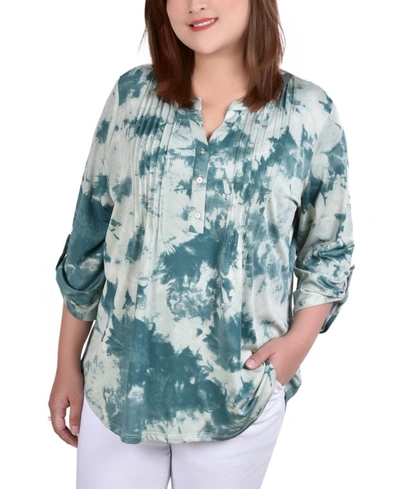 Ny Collection Plus Size Knit 3/4 Sleeve Roll Tab Top In Seafoam Tie Dye