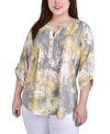 NY COLLECTION PLUS SIZE KNIT JACQUARD 3/4 SLEEVE ROLL TAB TOP