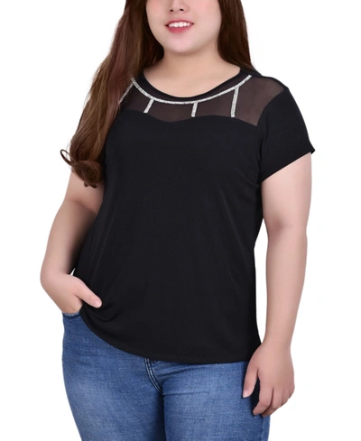 Ny Collection Women's Short Sleeve Crepe Knit Top With Mesh Yoke With Stone Details In Black