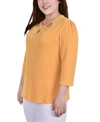 Ny Collection Plus Size 3/4 Sleeve Knit Crepe Studded Keyhole Top In Golden Glow