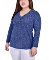 Ny Collection Plus Size Long Sleeve Ribbed Henley In Navy
