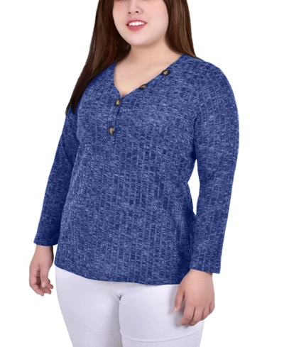 Ny Collection Plus Size Long Sleeve Ribbed Henley In Navy