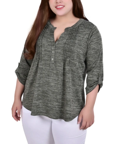 Ny Collection Plus Size 3/4 Roll Tab Sleeve Y Neck Top In Cypress