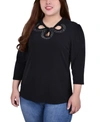Ny Collection Plus Size 3/4 Sleeve Knit Crepe Studded Keyhole Top In Black