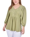 Ny Collection Plus Size 3/4 Sleeve Knit Gauze Top In Martini Olive