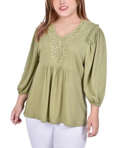 Ny Collection Plus Size 3/4 Sleeve Knit Gauze Top In Martini Olive