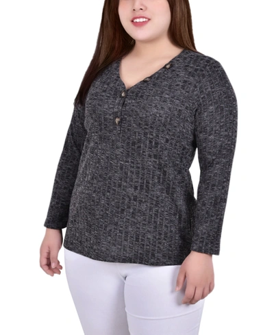 Ny Collection Plus Size Long Sleeve Ribbed Henley In Lt Charcoal