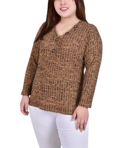Ny Collection Plus Size Long Sleeve Ribbed Henley In Mustard